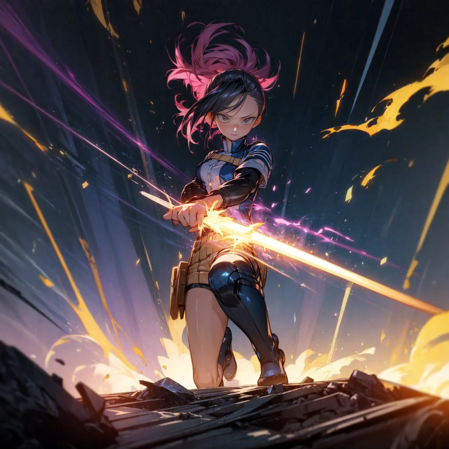 1girl, Full body version, 1character, black eyes, short Curly haircut, magenta color hair, army style clothing, blue colour clothing, full armor, boots army, Grassroots, background in field, motion blur, (kimetsu no yaiba style), Robotic sword in hand, fire, lighting fire, Blue light, silhouette, blue lightning, smoke, aura, smoke effect, aura effect, fire effect, angry eyes, standing gesture, high angle view 