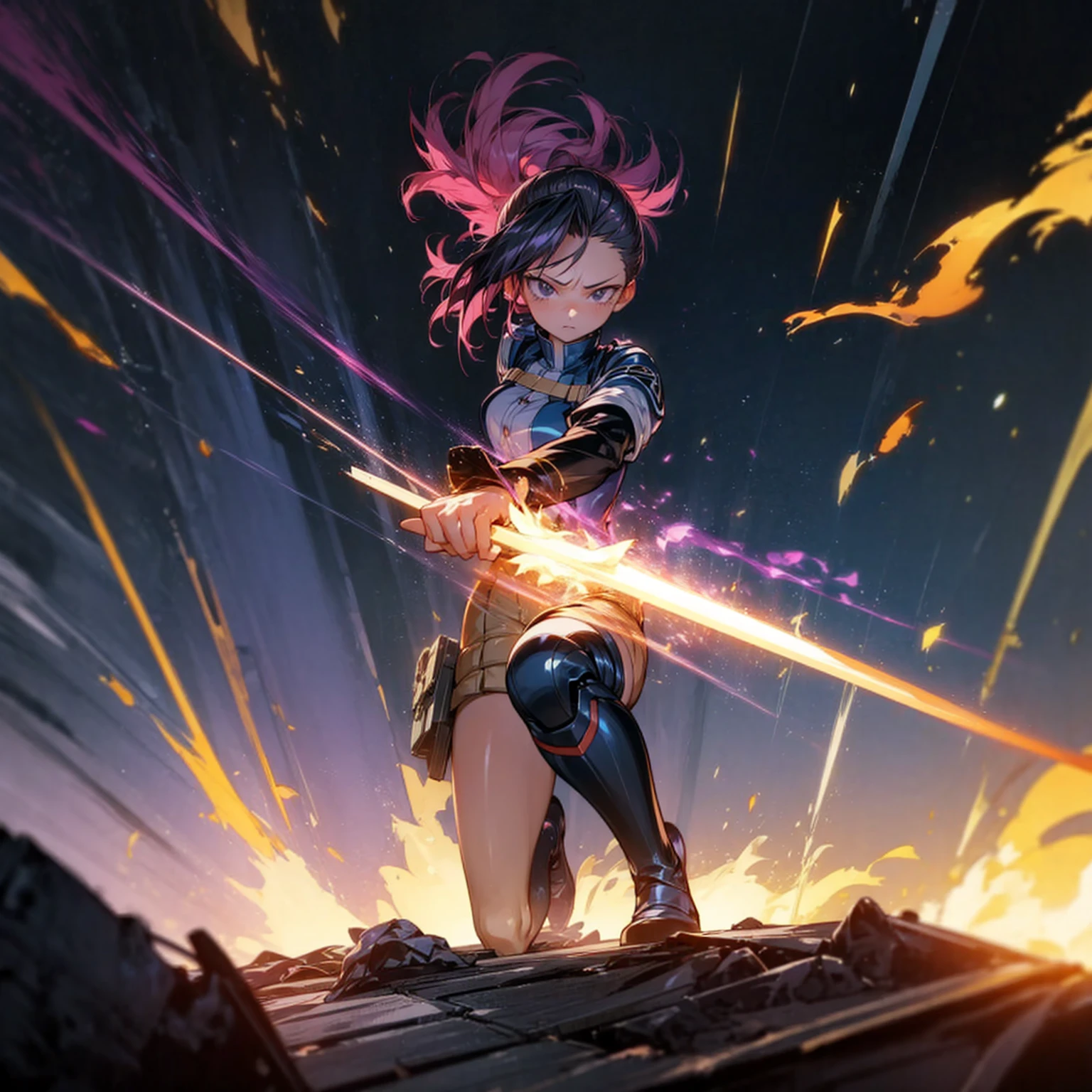 1girl, Full body version, 1character, black eyes, short Curly haircut, magenta color hair, army style clothing, blue colour clothing, full armor, boots army, Grassroots, background in field, motion blur, (kimetsu no yaiba style), Robotic sword in hand, fire, lighting fire, Blue light, silhouette, blue lightning, smoke, aura, smoke effect, aura effect, fire effect, angry eyes, standing gesture, high angle view 