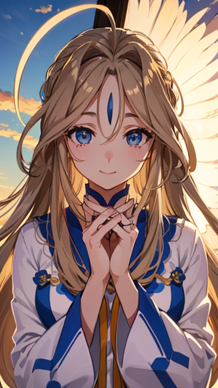 Belldandy, Long Hair, blue eyes, Brown Hair, Facial blemishes, Forehead mark, Mature Woman, smile, 【【Big Wings】】, choker, Lots of bracelets, ring, feather, angel wings、goddess、null, sun, cloud, Highest quality, High resolution, Clear Images、8k wallpaper, (Beautiful attention to detail:1.6), Watery eyes、Watery eye、Highly detailed face, Perfect lighting, Highly detailed CG,whole body、whole、青nullを飛んでいる、白いcloud、