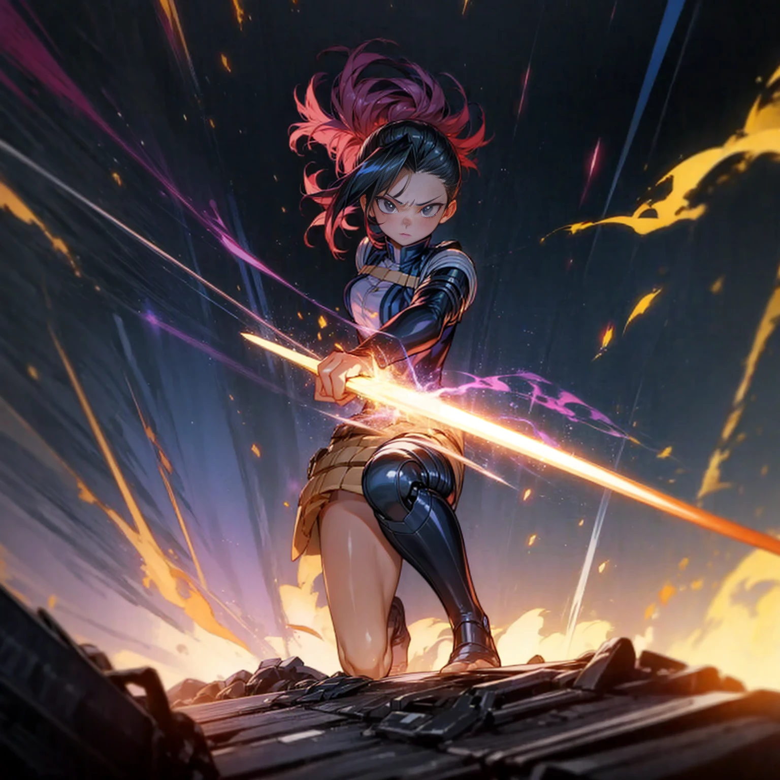 1girl, Full body version, 1character, black eyes, short Curly haircut, magenta color hair, army style clothing, blue colour clothing, full armor, boots army, Grassroots, background in field, motion blur, (kimetsu no yaiba style), Robotic sword in hand, fire, lighting fire, Blue light, silhouette, blue lightning, smoke, aura, smoke effect, aura effect, fire effect, angry eyes, standing gesture, high angle view 