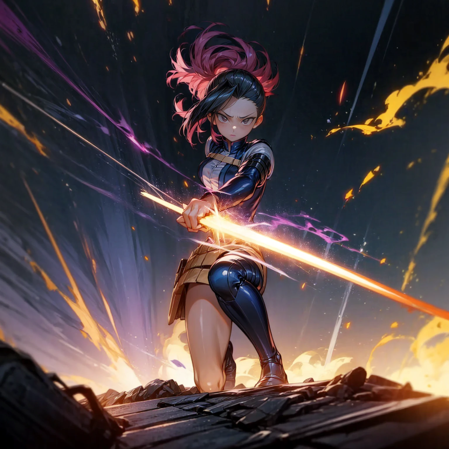 1girl, Full body version, 1character, black eyes, short Curly haircut, magenta color hair, army style clothing, blue colour clothing, full armor, boots army, Grassroots, background in field, motion blur, (kimetsu no yaiba style), Robotic sword in hand, fire, lighting fire, Blue light, silhouette, blue lightning, smoke, aura, smoke effect, aura effect, fire effect, angry eyes, standing gesture, high angle view 