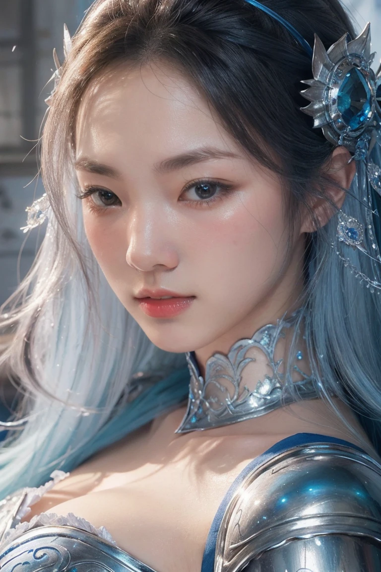 a close up of a woman in a silver and blue dress, chengwei pan on artstation, by Yang J, detailed fantasy art, stunning character art, fanart best artstation, epic exquisite character art, beautiful armor, extremely detailed artgerm, detailed digital anime art, artgerm on artstation pixiv, armor girl