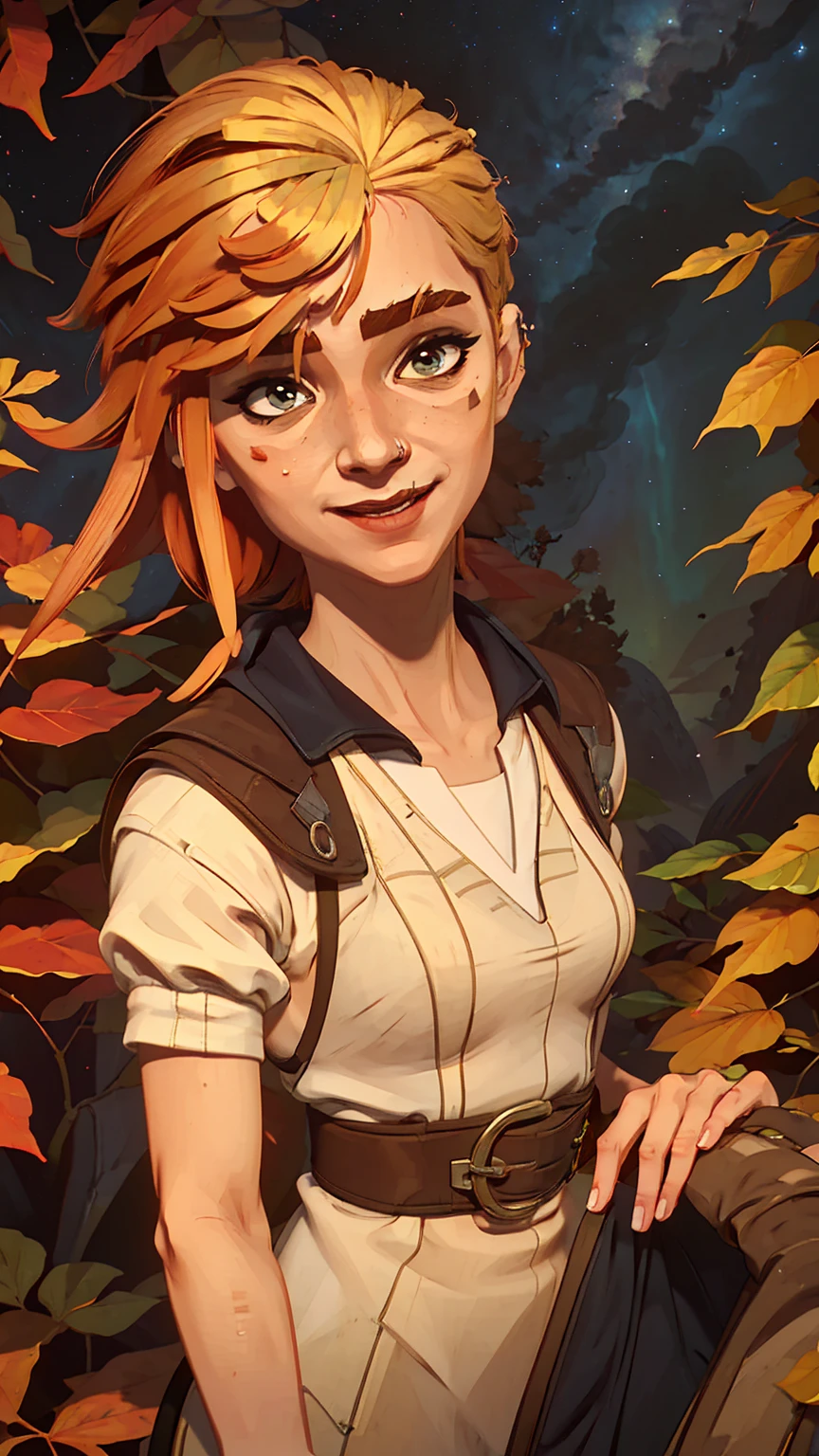 1girl, multicolored blonde hair, upperbody, pixel world,nature, forest, autumn, yellow leaf, night sky, western cartoon style, (Masterpiece:1.2, Best Quality, high resolution), beautiful face, detailed face, smiling, one girl