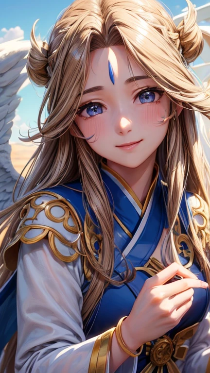 Belldandy, Long Hair, blue eyes, Brown Hair, Facial blemishes, Forehead mark, Mature Woman, smile, 【【Big Wings】】, choker, Lots of bracelets, ring, feather, angel wings、goddess、null, sun, cloud, Highest quality, High resolution, Clear Images、8k wallpaper, (Beautiful attention to detail:1.6), Watery eyes、Watery eye、Highly detailed face, Perfect lighting, Highly detailed CG,whole body、whole、The photo shows Zeshin、青nullを飛んでいる、白いcloud、