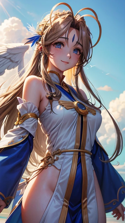 Belldandy, Long Hair, blue eyes, Brown Hair, Facial blemishes, Forehead mark, Mature Woman, smile, 【【Big Wings】】, choker, Lots of bracelets, ring, feather, angel wings、goddess、null, sun, cloud, Highest quality, High resolution, Clear Images、8k wallpaper, (Beautiful attention to detail:1.6), Watery eyes、Watery eye、Highly detailed face, Perfect lighting, Highly detailed CG,whole body、whole、The photo shows Zeshin、青nullを飛んでいる、白いcloud、