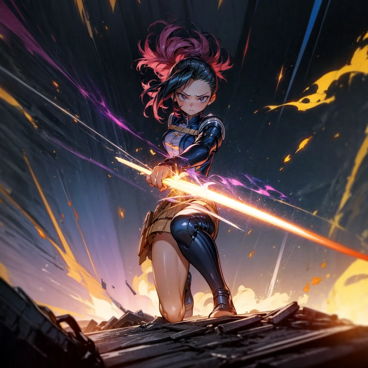 1girl, Full body version, 1character, black eyes, short Curly haircut, magenta color hair, army style clothing, blue colour clothing, full armor, boots army, Grassroots, background in field, motion blur, (kimetsu no yaiba style), Robotic sword in hand, fire, lighting fire, Blue light, silhouette, blue lightning, smoke, aura, smoke effect, aura effect, fire effect, angry eyes, standing gesture, high angle view 