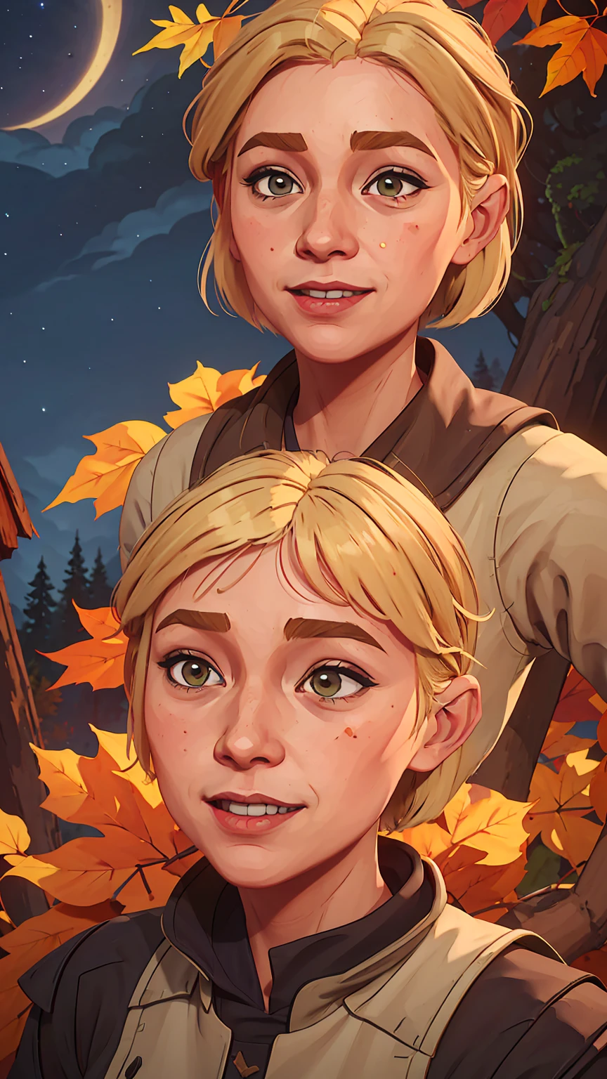 1girl, blonde hair, upperbody, pixel world,nature, forest, autumn, yellow leaf, night sky, western cartoon style, (Masterpiece:1.2, Best Quality, high resolution), beautiful face, detailed face, smiling, one girl, short blonde hair