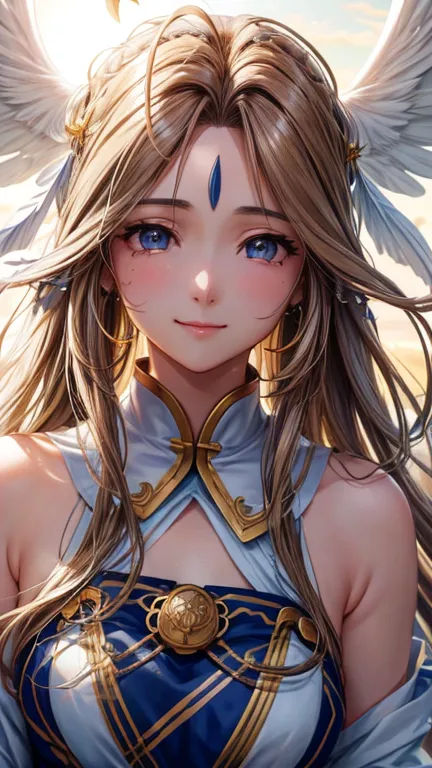 belldandy, long hair, blue eyes, brown hair, facial blemishes, forehead mark, mature woman, smile, 【【big wings】】, choker, lots o...