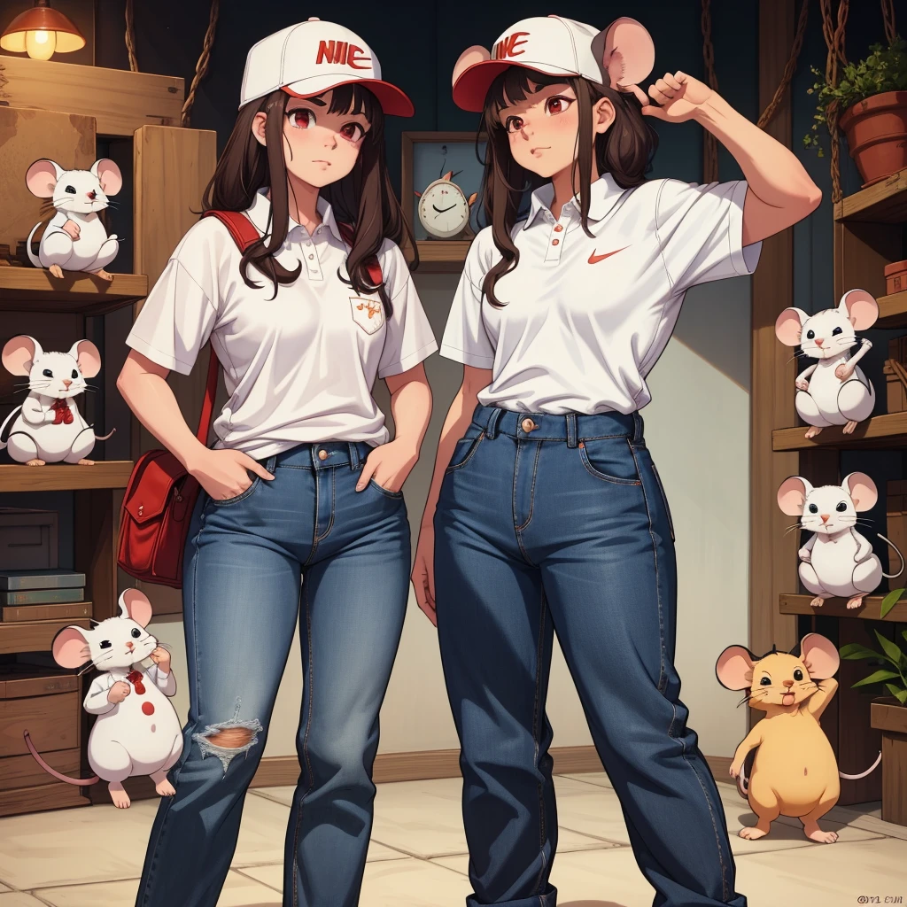 "8K image, 9:16 aspect ratio: A full-body portrait of an adorably chubby white mouse with big, expressive brown eyes, standing upright. The mouse is wearing a tiny red Nike cap tilted slightly to one side, a crisp white polo shirt, and miniature blue jeans. Its fur is fluffy and pristine white, visible around its face and paws, creating a soft, cuddly appearance. The mouse's cheeks are slightly puffed, adding to its chubby charm. Its whiskers are delicate and clearly visible.
The polo shirt fits snugly over the mouse's round belly, with a tiny collar and buttons visible. The jeans are perfectly sized, with small pockets and stitching details. The mouse's tail peeks out from behind, adding balance to its upright posture.
The background is slightly out of focus, emphasizing the mouse's cute features and outfit. The lighting is soft and warm, highlighting the mouse's fur texture and the fabric of its clothes. The mouse is looking directly at the viewer with a curious and friendly expression, its nose twitching slightly. The Nike logo on the cap is small but clearly visible.
The image captures the mouse's full body, from its cap-covered head to its jean-clad feet, with the vertical 9:16 ratio emphasizing its height and adorable outfit."