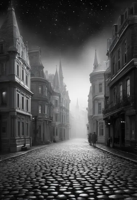 dark fantasy, monochrome, cobblestone boulevards, pure white victorian cityscape, white luminous buildings, deserted, foggy, sta...