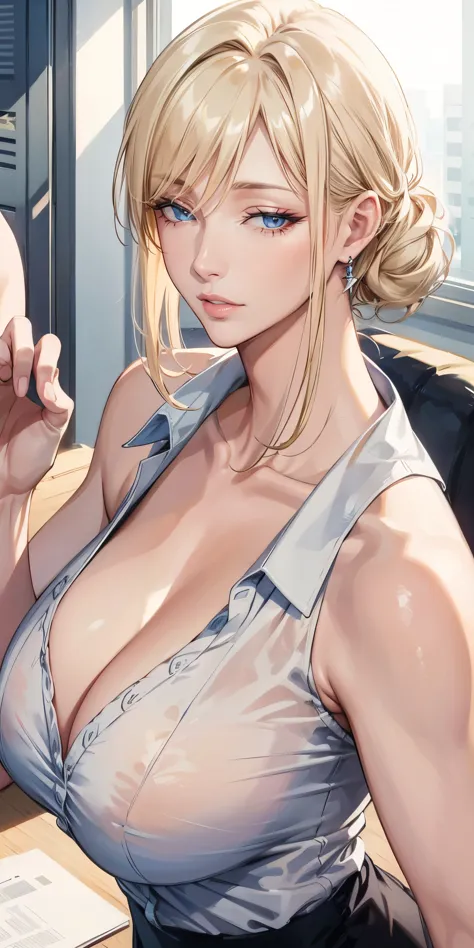 Elegant mature woman, milf, long blonde hair, blue eyes, soft light, high detailed, 4k resolution, high quality