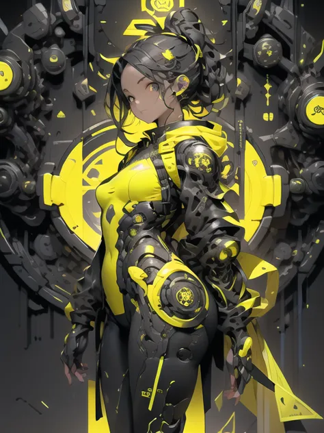 1ghotic boy in black and yellow techwear clothing, neon circles in the background