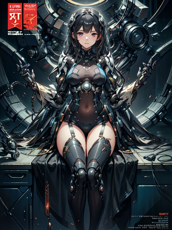 comic magazine cover, cute girl:1.2, technical clothing suits, mechanical spiders, Electric cables, gear wheel, lap, fractals, art stations, CGSetnation, Art Carlos Melia