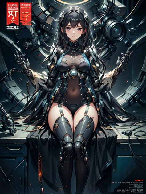 comic magazine cover, cute girl:1.2, technical clothing suits, mechanical spiders, Electric cables, gear wheel, lap, fractals, a...