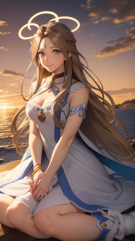 Belldandy, Long Hair, blue eyes, Brown Hair, Facial blemishes, Forehead mark, Mature Woman, smile, 【【Big Wings】】, choker, Lots of bracelets, ring, feather, angel wings、goddess、null, sun, cloud, Highest quality, High resolution, Clear Images、8k wallpaper, (Beautiful attention to detail:1.6), Watery eyes、Watery eye、Highly detailed face, Perfect lighting, Highly detailed CG,whole body、whole、The photo shows Zeshin、青nullを飛んでいる、白いcloud、（（Halo））、Large Breasts