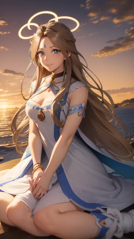 belldandy, long hair, blue eyes, brown hair, facial blemishes, forehead mark, mature woman, smile, 【【big wings】】, choker, lots o...