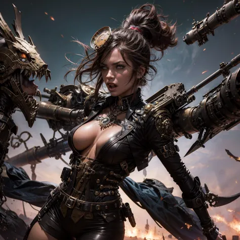 a woman in a steampunk military uniform is ready to fight in a battlefield, surrounded by threatening surreal figures.