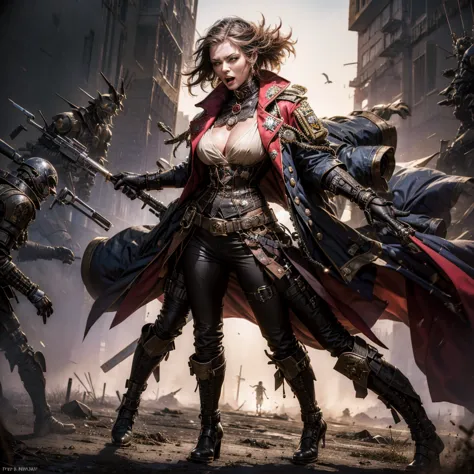 a woman in a steampunk military uniform is ready to fight in a battlefield, surrounded by threatening surreal figures.