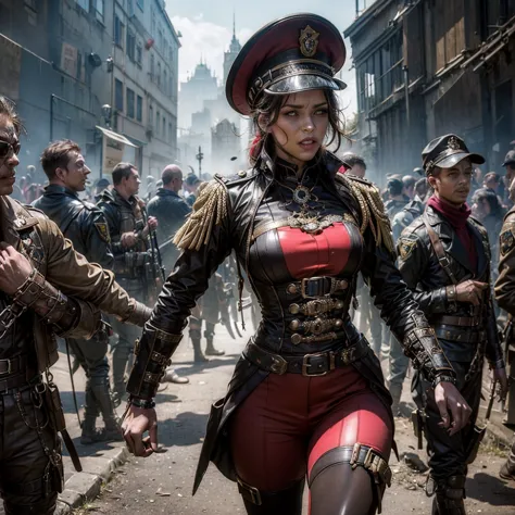 a woman in a steampunk military uniform is ready to fight in a battlefield, surrounded by threatening surreal figures.