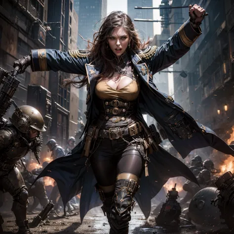 a woman in a steampunk military uniform is ready to fight in a battlefield, surrounded by threatening surreal figures.