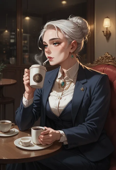 a 50 year old lady, elegant and well dressed, drinking coffee in her home