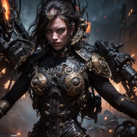 a sexy hot woman in a steampunk military uniform, intricate mechanical details, surrounded by threatening surreal figures, dark ...