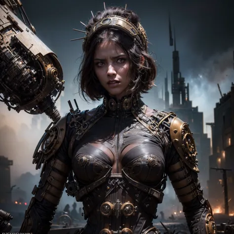 a sexy hot woman in a steampunk military uniform, intricate mechanical details, surrounded by threatening surreal figures, dark ...