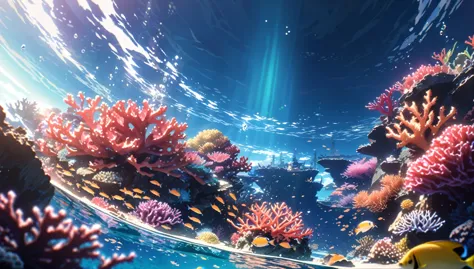 anime aestetics, anime scenery. underwater view. seascape, coral reef, view from above, huge light orange corals, purple corals,...