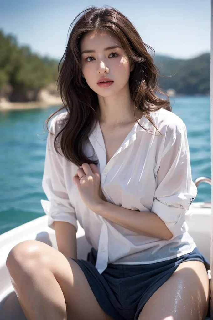 (Gray background、pubic hair、Large Breasts、Thighs、(((Glaring)))、Curly Hair、Disheveled Hair、Cute woman、high school girl、White shirt、Navy frill mile、Open chest shirt、A wet shirt with underwear showing through、Gazing at the sea、On the boat、