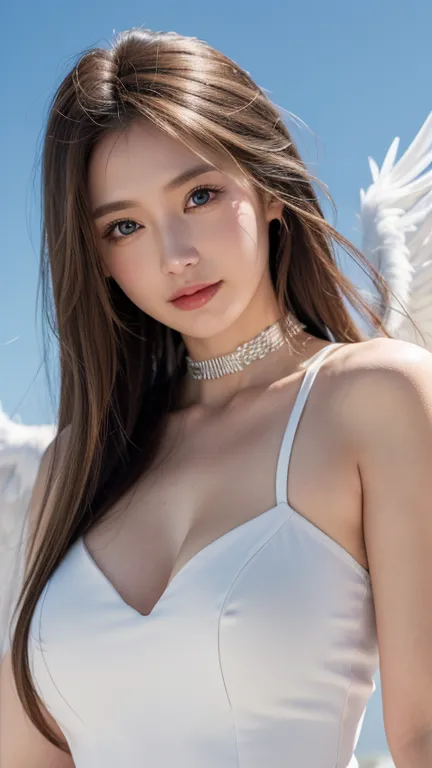 【【【belldandy】】】, long hair, blue eyes, brown hair, facial blemishes, （（forehead mark））, mature woman, smile, 【【big wings】】, chok...