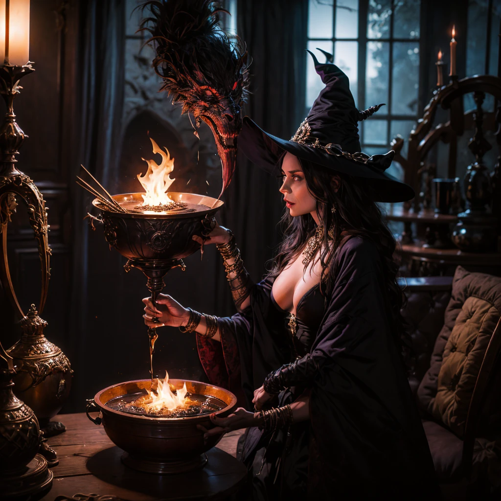 a dark witch casting a dark spell with a small cauldron on the table, behind her a demonic figure dominates the scene