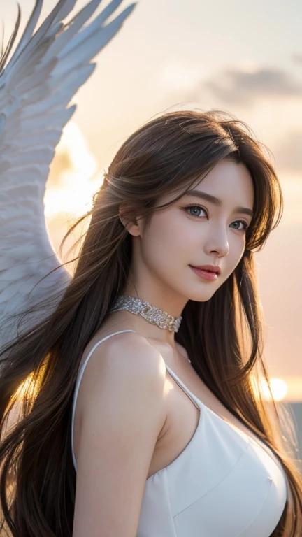 【【【Belldandy】】】, Long Hair, blue eyes, Brown Hair, Facial blemishes, （（Forehead mark））, Mature Woman, smile, 【【Big Wings】】, choker, Lots of bracelets, ring, feather, angel wings、goddess、null, sun, cloud, Highest quality, High resolution, Clear Images、8k wallpaper, (Beautiful attention to detail:1.6), Watery eyes、Watery eye、Highly detailed face, Perfect lighting, Highly detailed CG,whole body、whole、The photo shows Zeshin、青nullを飛んでいる、白いcloud、（（Halo））、Large Breasts、Belldandy