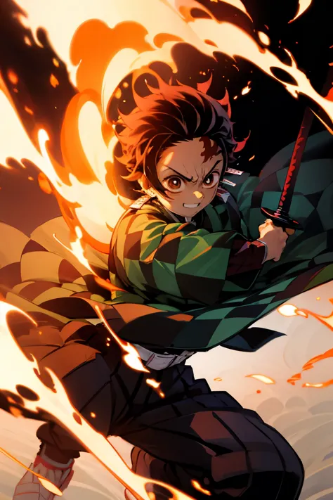 boy (tanjiro) using sword, fire coming from sword, happy look,