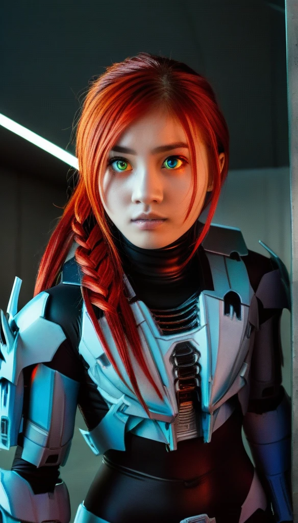 1 Girl、((glowing eyes, red eyes)), Medium Bust、solo、red Hair、Braid、Mobile Race Suit、Shoulder Armor、ceiling、Wide Shot、Looking Ahead、zipup suit 、Closed Mouth、Highest quality、medium quality、22 years old、Mobile Trace System、cockpit、Asian、CyborgCosplay
