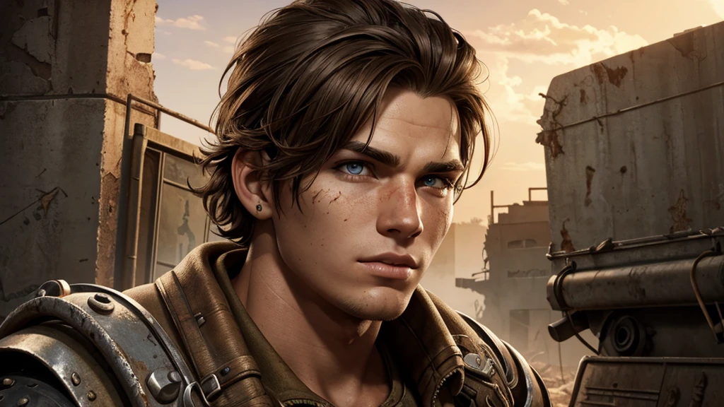 epic professional upper body headshot official art fallout young 20yo male raider, detailed face, smooth features, brunette hair, post-apocalypse, rust, detailed eyes, intricate details