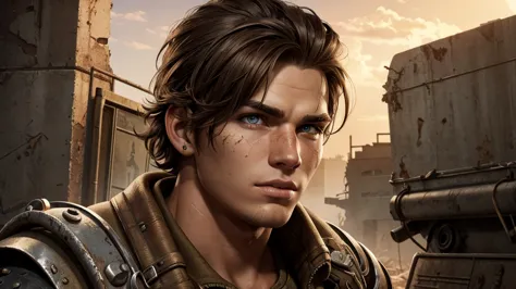 epic professional upper body headshot official art fallout young 20yo male raider, detailed face, smooth features, brunette hair...