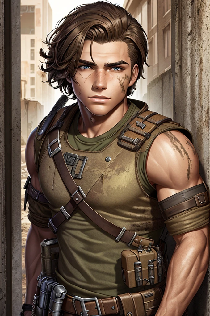 epic professional upper body headshot official art fallout young 20yo male raider, detailed face, smooth features, brunette hair, post-apocalypse, rust, detailed eyes, intricate details