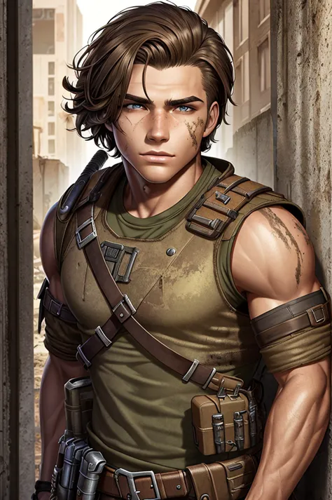 epic professional upper body headshot official art fallout young 20yo male raider, detailed face, smooth features, brunette hair...