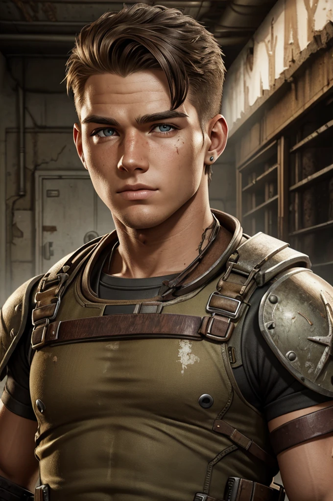 epic professional upper body headshot official art fallout young 20yo male raider, detailed face, smooth features, brunette hair, post-apocalypse, rust, detailed eyes, intricate details