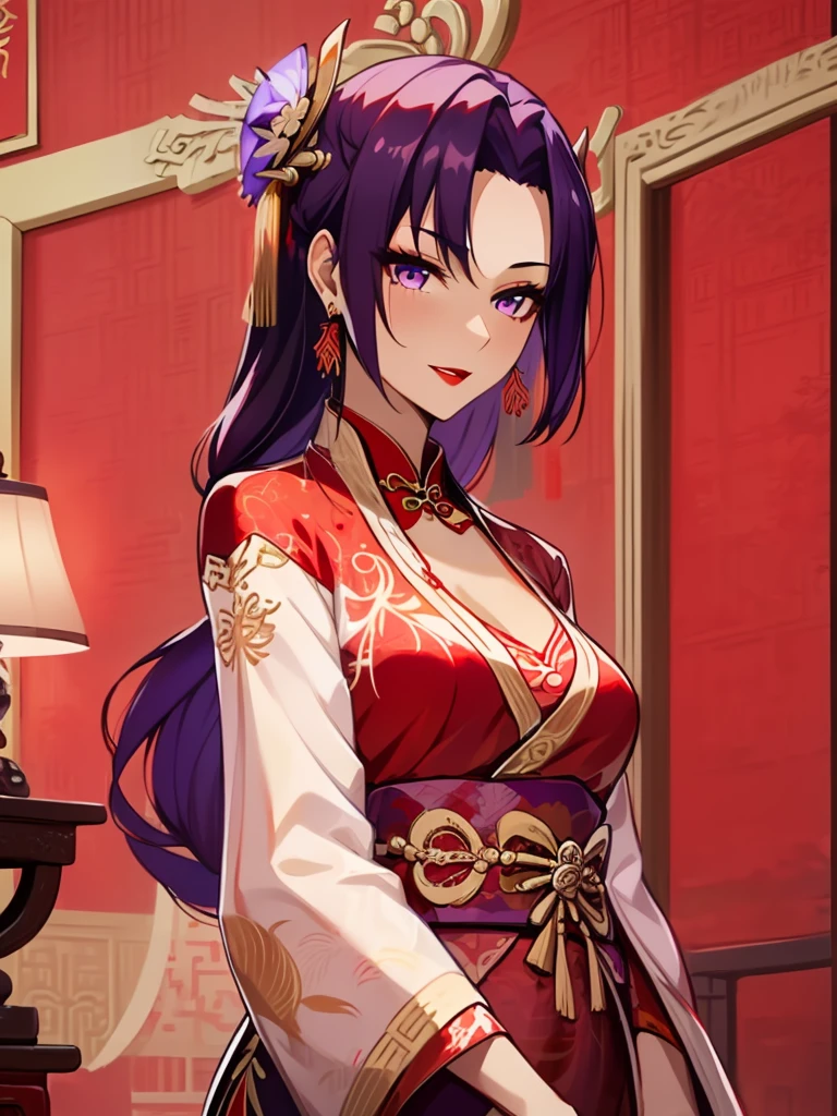 score_9, score_8_up, score_7_up, score_6_up, score_5_up, score_4_up, Raiden shogun, purple eyes, purple long hair, tied hair, hair in a bun, hairpin, traditional Chinese red wedding hanfu dress, Yourqipao Red Embroidery Chinese Xiuhe Hanfu Women's Satin Cheongsam Ancient Traditional Chinese Bride, Wedding Dress, Long Dresses, long earrings, red lipstick, detailed eyes, traditional wear, sexy attractive, hot, traditional, smiling widely, happy, blushing, lotuses, sitting,
