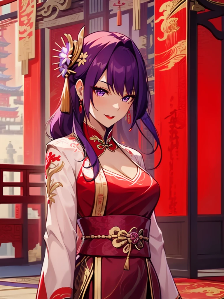 score_9, score_8_up, score_7_up, score_6_up, score_5_up, score_4_up, Raiden shogun, purple eyes, purple long hair, tied hair, hair in a bun, hairpin, traditional Chinese red wedding hanfu dress, Yourqipao Red Embroidery Chinese Xiuhe Hanfu Women's Satin Cheongsam Ancient Traditional Chinese Bride, Wedding Dress, Long Dresses, long earrings, red lipstick, detailed eyes, traditional wear, sexy attractive, hot, traditional, smiling widely, happy, blushing, lotuses, sitting,
