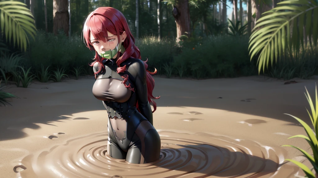 (black bodysuit, grey bodysuit:1.4), kirijou mitsuru, (red eyes, long hair, messy hair, red hair:1.4), 1girl, (gag, gagged, tape gag, restrained:1.4), (((fear, tears, crying))), thigh gap, (((large breasts))), ((a girl is sinking into quicksand)), ((quicksand)), (((standing))), sinking in quicksand, partially submerged, (only upper body visible), Sinking in mud, jungle, (arms behind back:1.4)