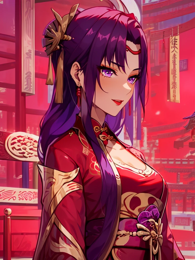 score_9, score_8_up, score_7_up, score_6_up, score_5_up, score_4_up, Raiden shogun, purple eyes, purple long hair, tied hair, hair in a bun, hairpin, traditional Chinese red wedding hanfu dress, Yourqipao Red Embroidery Chinese Xiuhe Hanfu Women's Satin Cheongsam Ancient Traditional Chinese Bride, Wedding Dress, Long Dresses, long earrings, red lipstick, detailed eyes, traditional wear, sexy attractive, hot, traditional, smiling widely, happy, blushing, lotuses, sitting,
