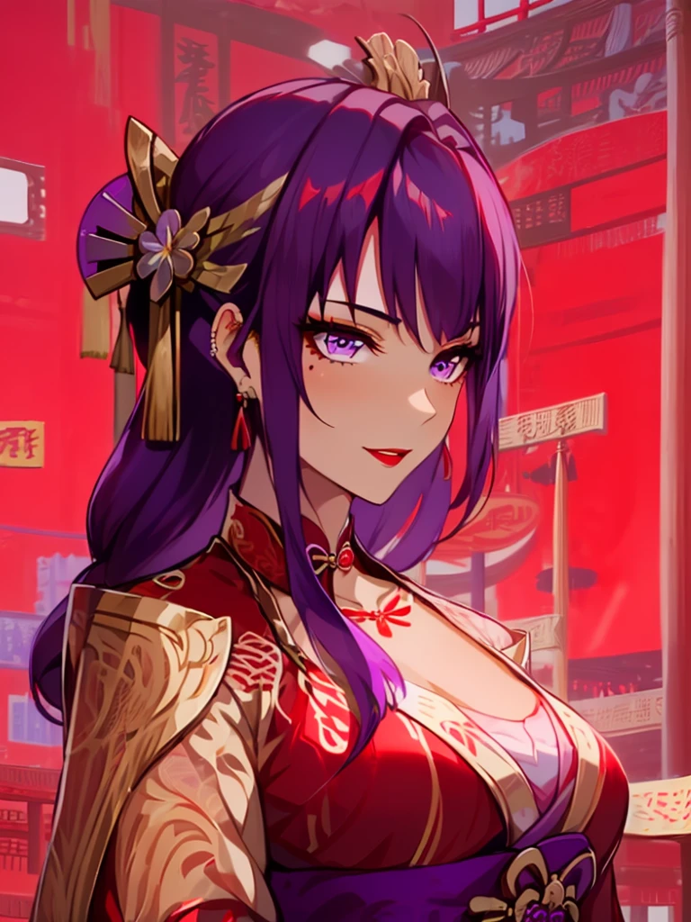 score_9, score_8_up, score_7_up, score_6_up, score_5_up, score_4_up, Raiden shogun, purple eyes, purple long hair, tied hair, hair in a bun, hairpin, traditional Chinese red wedding hanfu dress, Yourqipao Red Embroidery Chinese Xiuhe Hanfu Women's Satin Cheongsam Ancient Traditional Chinese Bride, Wedding Dress, Long Dresses, long earrings, red lipstick, detailed eyes, traditional wear, sexy attractive, hot, traditional, smiling widely, happy, blushing, lotuses, sitting,
