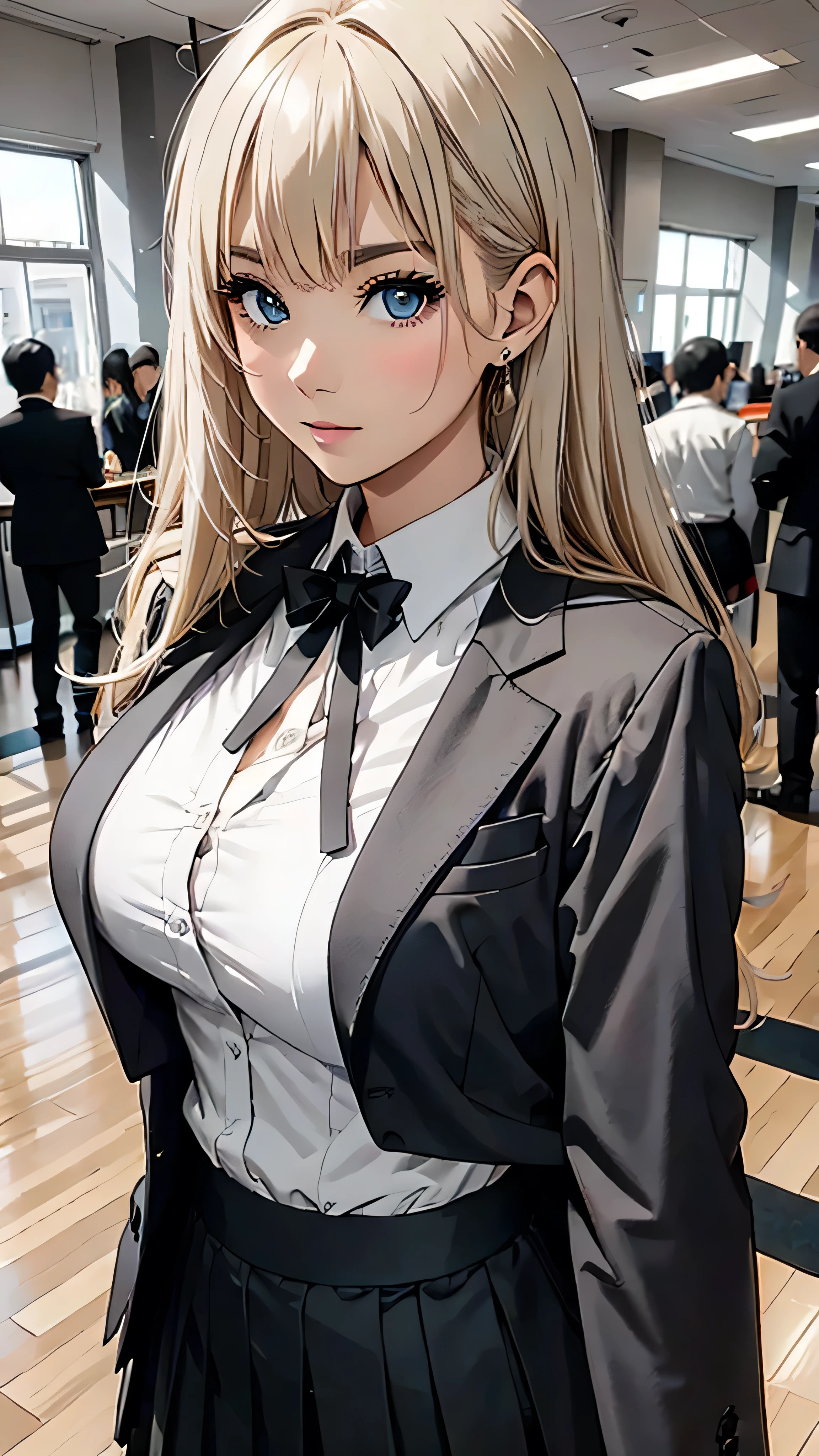 (upper body:1.4),(Wearing a black business suit:1.5), kur1, 1girl, solo, alone, solo,(ultra-highest definition, masterpiece, ultra-highest quality:1.4), (ultra-highest resolution, , 8K, UHD:1.4),(Hyper-realistic, Photo-realistic:1.4), (Supermodel body:1.5),looking at viewer,((Photograph the entire head)),(Firm skin:1.6),((Natural skin, smooth skin, fine skin)), ((Big eyes)), (Big centerpieces) ,toned body, chiseled body,(long sleeve black tailored jacket, black skirt: 1.3), (White collared shirt:1.3), Computer, Bright office environment, Lots of office desks, Large windows