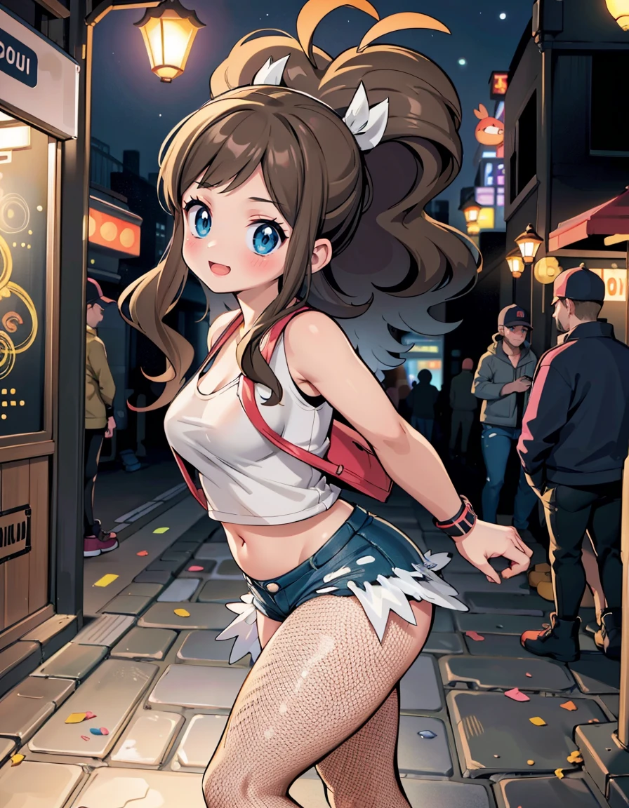 (best quality, highres, masterpiece:1.2), ultra-detailed, realistic:1.37, sketches, hilda pokemon, def1, curvy girl, legs together, curvy, visible thighs, chubby thighs, thighs in the foreground, fishnet, fishnets, pantyhose fishnet, body shape, walking, holding a cellphone, Alone in the alley， Neon lights in the alley， Very reflective city, night, dirty place, beer bottles, trash on the floor, graffiti on the wall, watched by a crowd of men, they observe her body, vibrant colors, nervous look, fearful, afraid, timorous smile, looking_at_viewer, bis ass, wide hips, hero view, she tries to hide her thighs with her hands