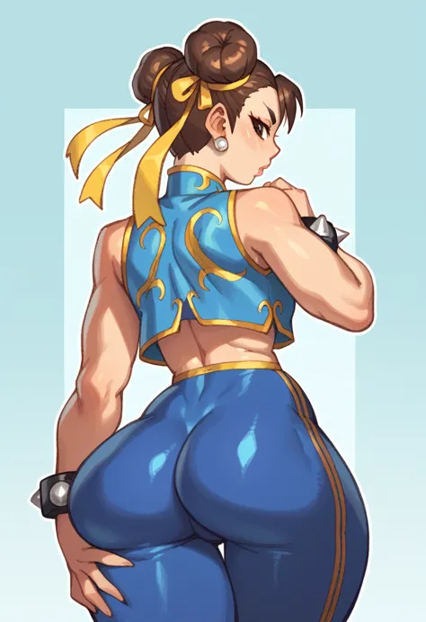 chun-li, brown eyes, double bun, yellow ribbon, blue bodysuit, crop top, sleeveless, wide ass, from behind,