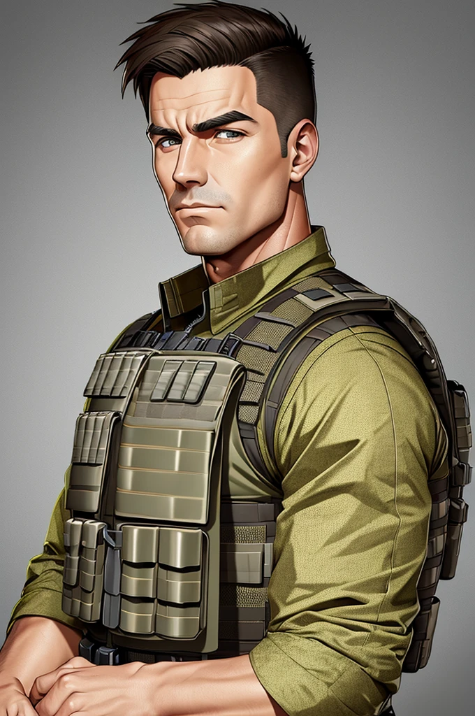 man in bulletproof vest, highly detailed military soldier portrait, lineart, cel shading, masterpiece, 8k, ultra-detailed, sharp focus, realistic, photorealistic, professional, vivid colors