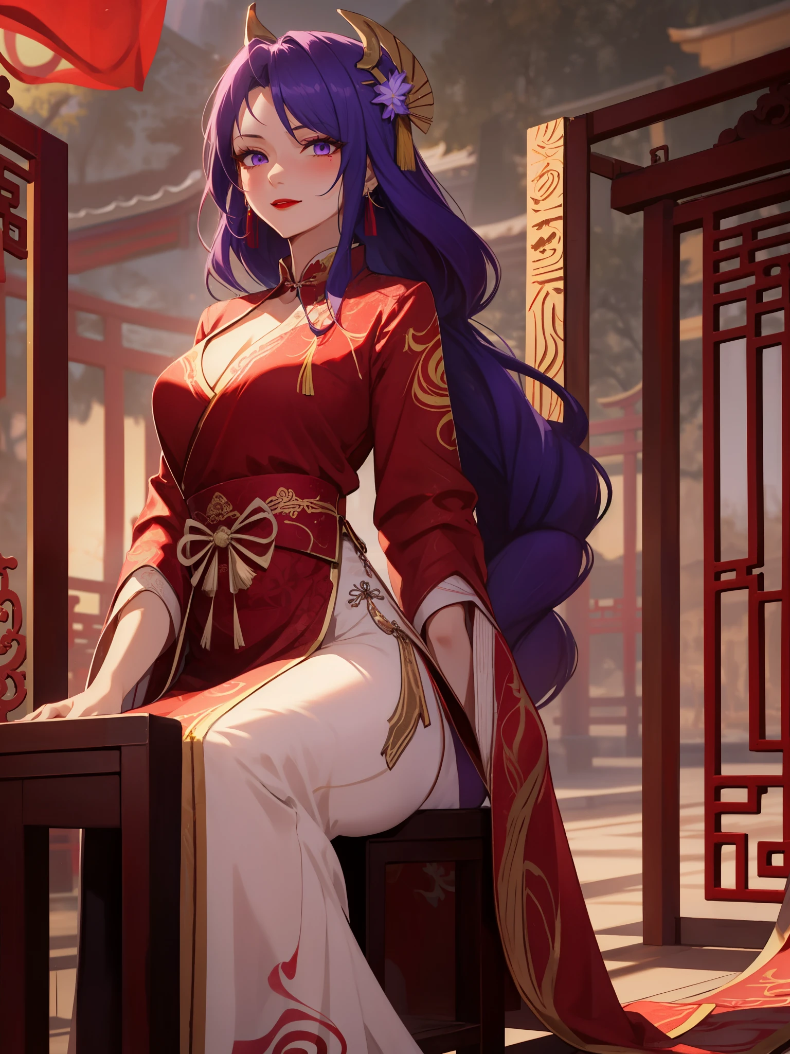 score_9, score_8_up, score_7_up, score_6_up, score_5_up, score_4_up, Raiden shogun, purple eyes, purple long hair, tied hair, hair in a bun, hairpin, traditional Chinese red wedding hanfu dress, Yourqipao Red Embroidery Chinese Xiuhe Hanfu Women's Satin Cheongsam Ancient Traditional Chinese Bride, Wedding Dress, Long Dresses, long earrings, red lipstick, detailed eyes, traditional wear, sexy attractive, hot, traditional, smiling widely, happy, blushing, lotuses, sitting,
