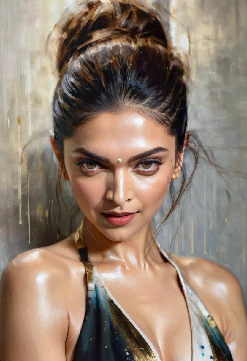 Retrato de una elegante y hermosa mujer MILF del Líbano, Deepika Padukone, cabello recortado, desnudo, escote, gran nalga, ojos simétricos perfectos, hyper Realista skin texture, Realista, fotografía premiada, iluminación ambiental del borde, 8K, DSLR, iluminación suave, alta calidad, grano de la película, Fujifilm XT3, pintura al óleo, pinceladas pesadas, gotas de pintura, un retrato impresionante de un Mozart, por Jeremy Mann, Carne Griffiths, Robert Oxley, rico, colores profundos,imagen en capas sombreada por celdas, proporción áurea, galardonado, profesional,Muy detallado, Intrincado, iluminación volumétrica, espléndido, obra maestra, enfoque nítido, profundidad de campo, composición perfecta], Ganador del premio, estación de arte,